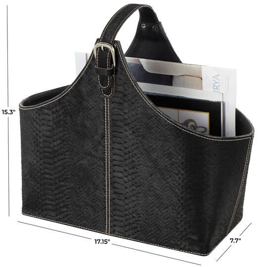 17" Black Leather Handmade Box Style Decorative Magazine Holder with Detail Stitching & Curved Buckle Handles